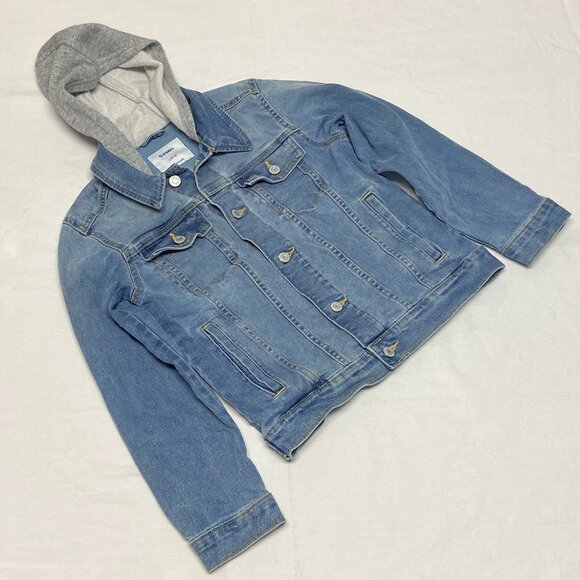 Old Navy Denim Trucker Jacket L Faded Medium Blue Jean Hoodie Button-Up Kids L - Picture 8 of 11